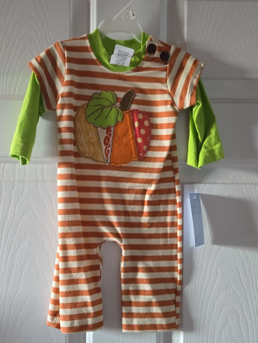 Kids Orange Striped Pumpkin Applique One-Piece with Green Sleeves